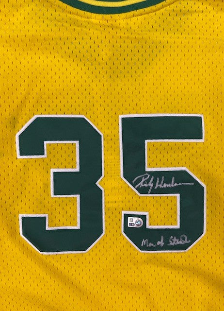 Athletics Rickey Henderson Man Of Steal Signed White Nike Jersey