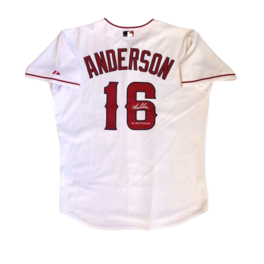 Garret Anderson Autographed "02 WS Champs" White Angels Replica Jersey - (PRESALE)