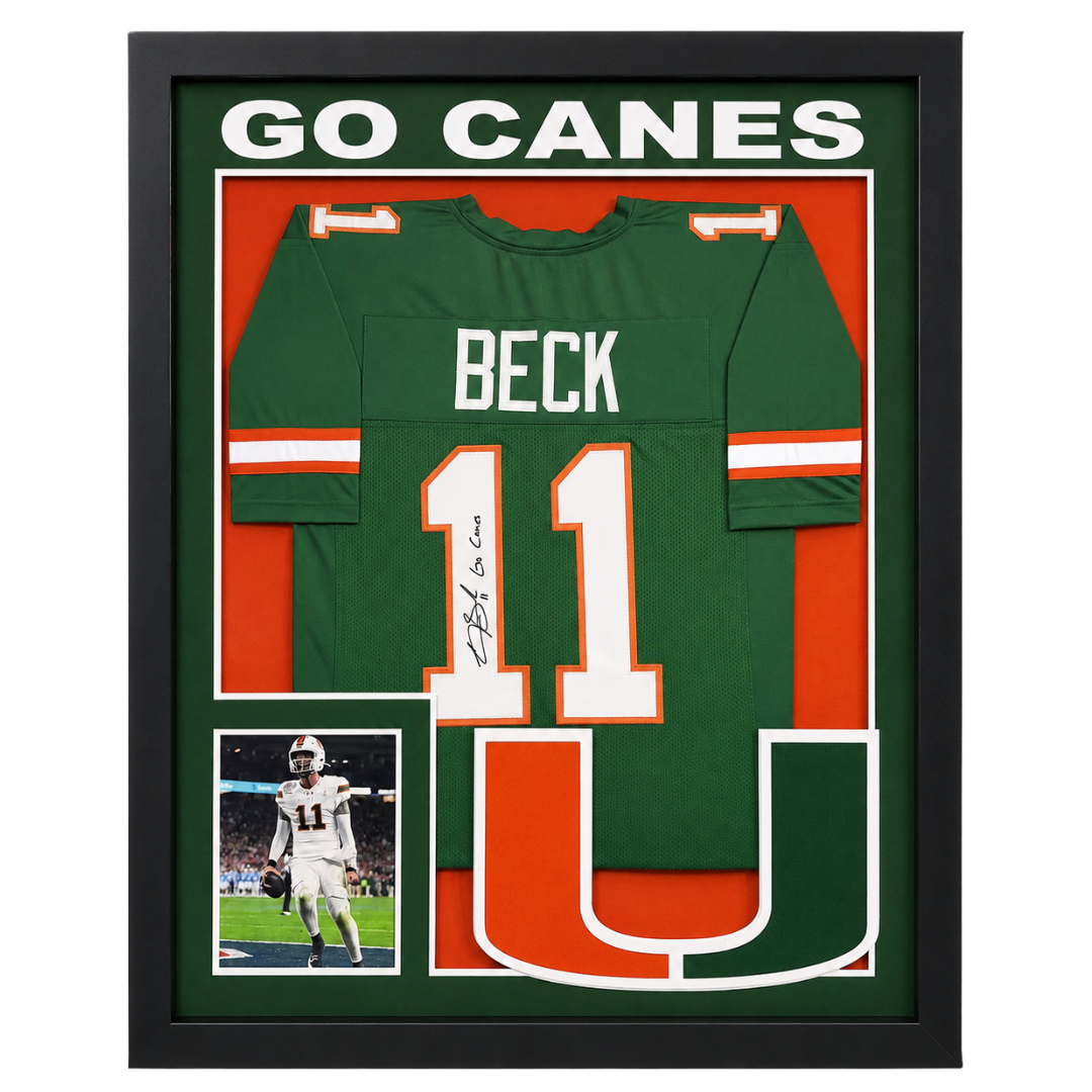 Framed Carson Beck Autographed "Go Canes" Green Custom Jersey