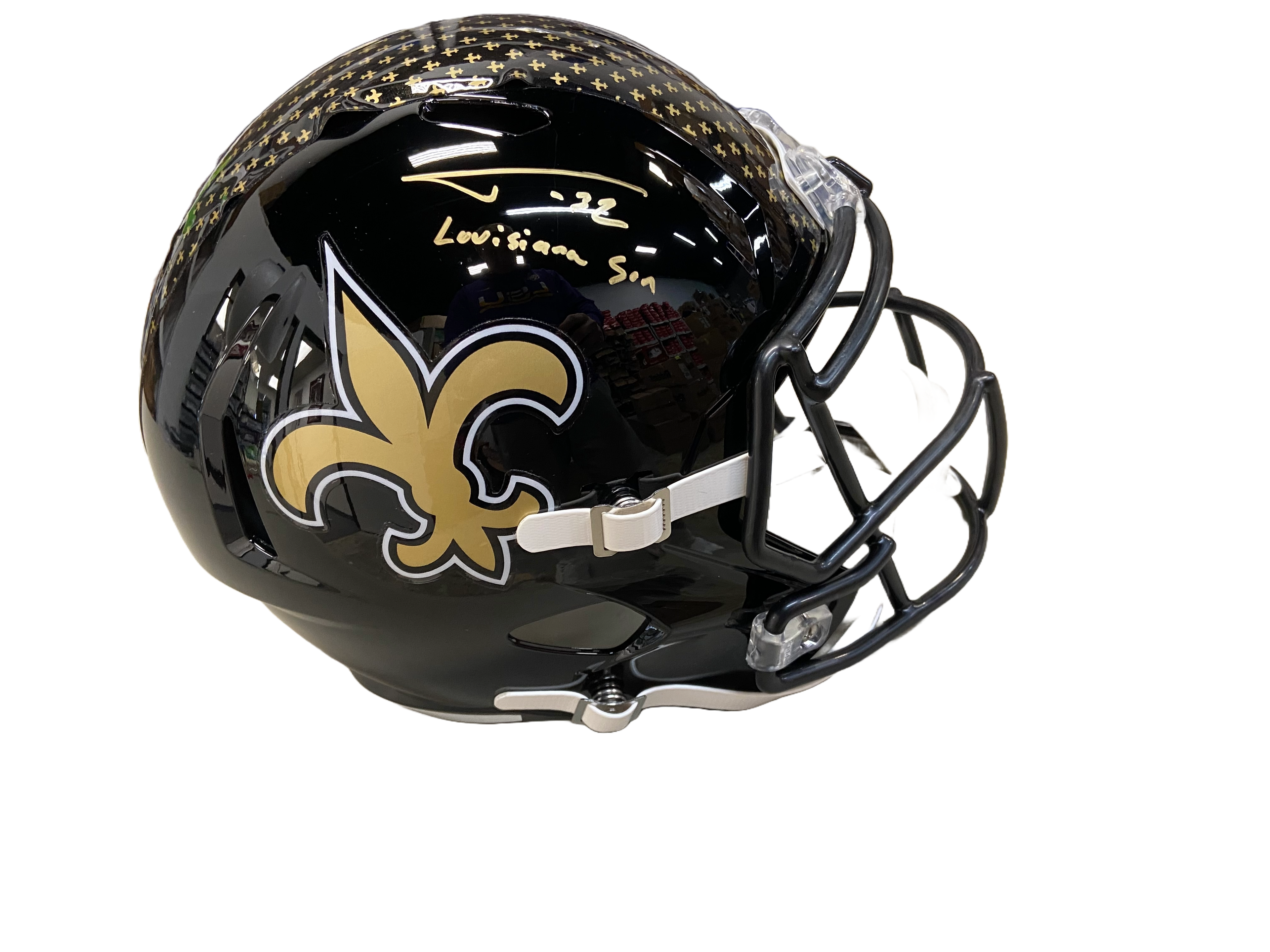 autographed football helmet full size Tyrann Mathieu Autographed "Louisiana Son" Replica Black On-Field Alternate Saints Full Size Football Helmet