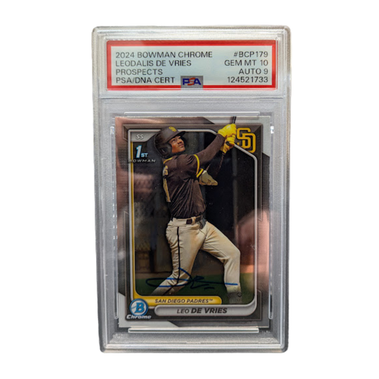 Leo De Vries Autographed 2024 1st Bowman Chrome Rookie Card PSA Graded GEM MINT 10 AUTO 9