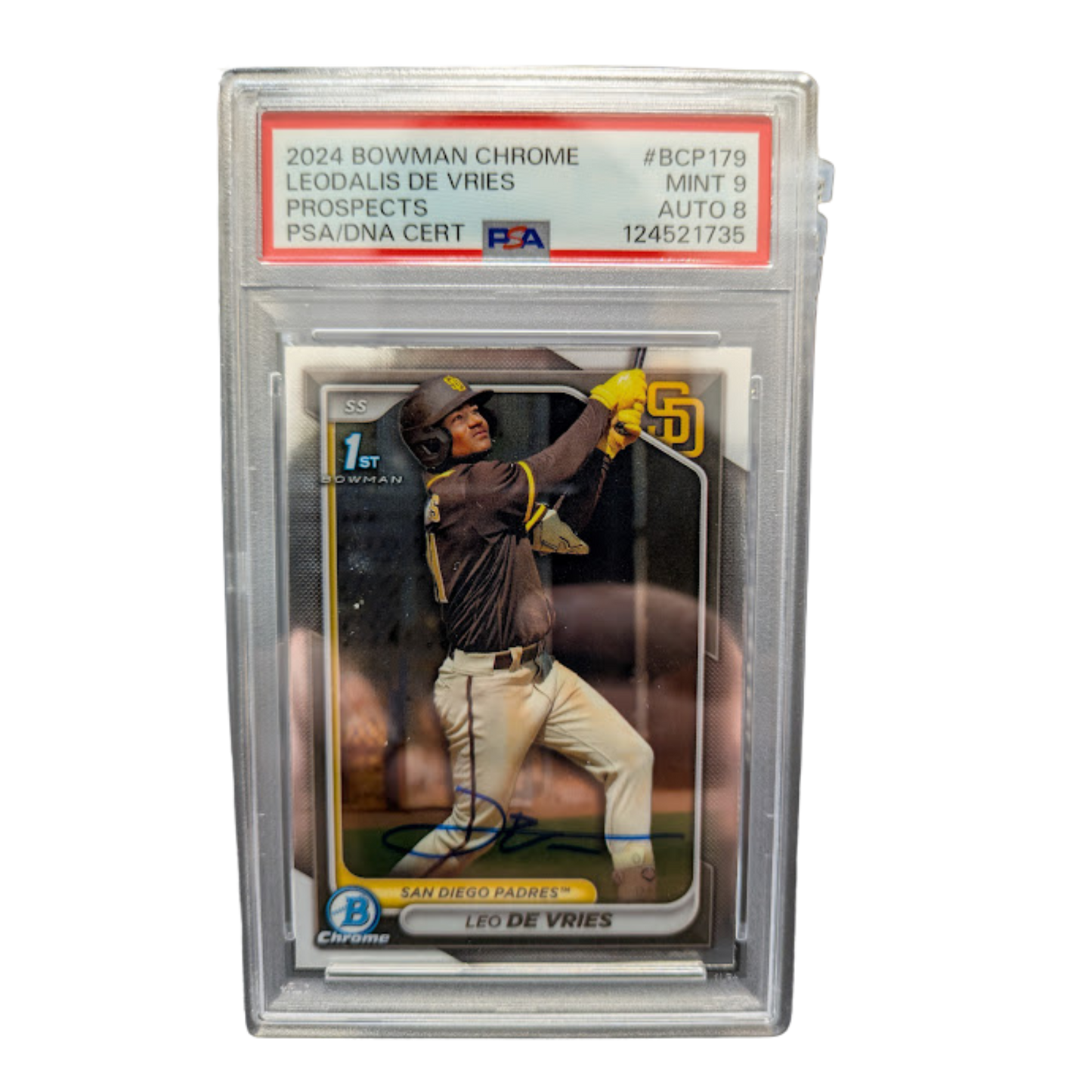 Leo De Vries Autographed 2024 1st Bowman Chrome Rookie Card PSA Graded MINT 9 AUTO 8