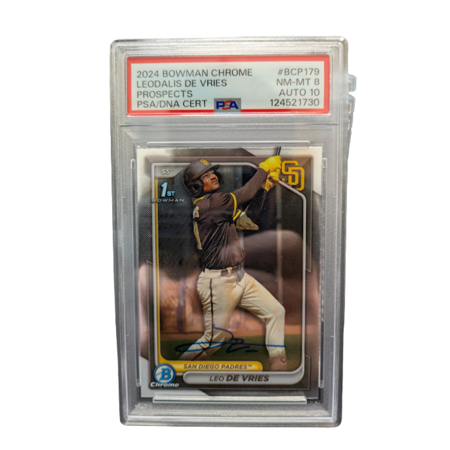 Leo De Vries Autographed 2024 1st Bowman Chrome Rookie Card PSA Graded NM-MT 8 AUTO 10