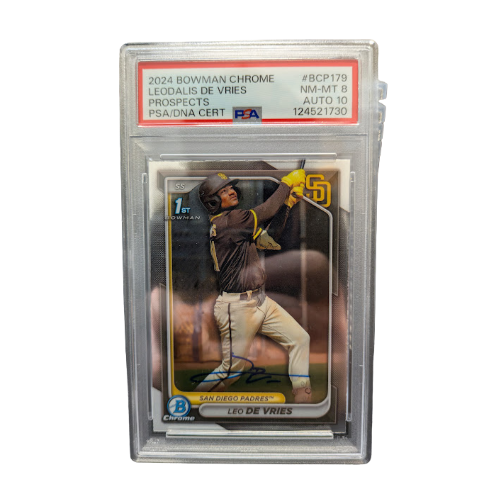 Leo De Vries Autographed 2024 1st Bowman Chrome Rookie Card PSA Graded NM-MT 8 AUTO 10