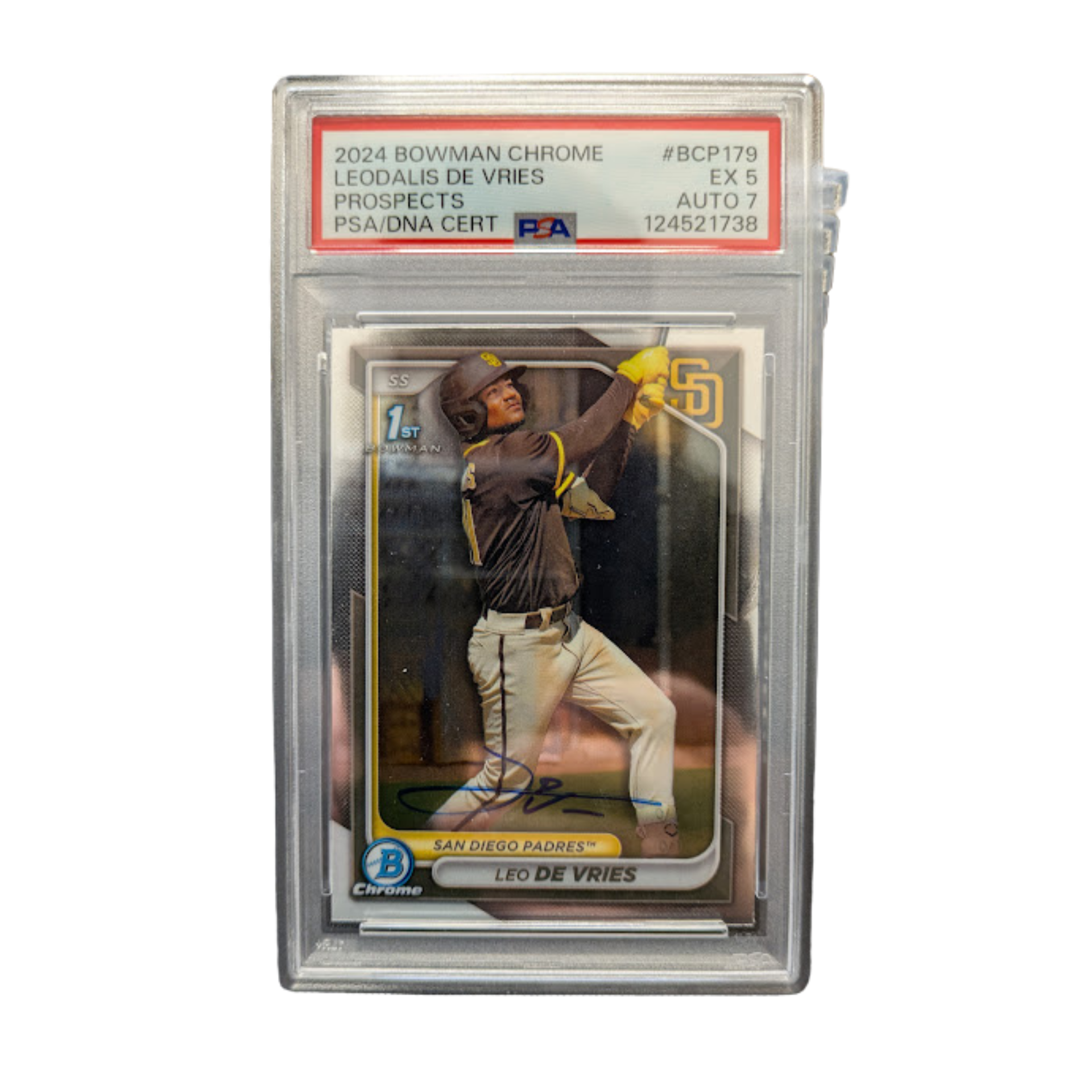 Leo De Vries Autographed 2024 1st Bowman Chrome Rookie Card PSA Graded EX 5 AUTO 7