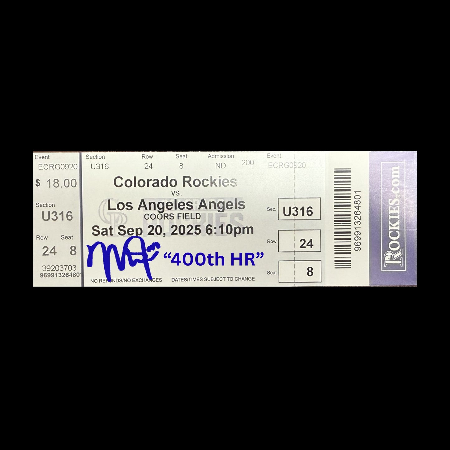 Mike Trout Autographed Colorado Rockies vs. Los Angeles Angels 10/20/2025 Ticket - (PRESALE)