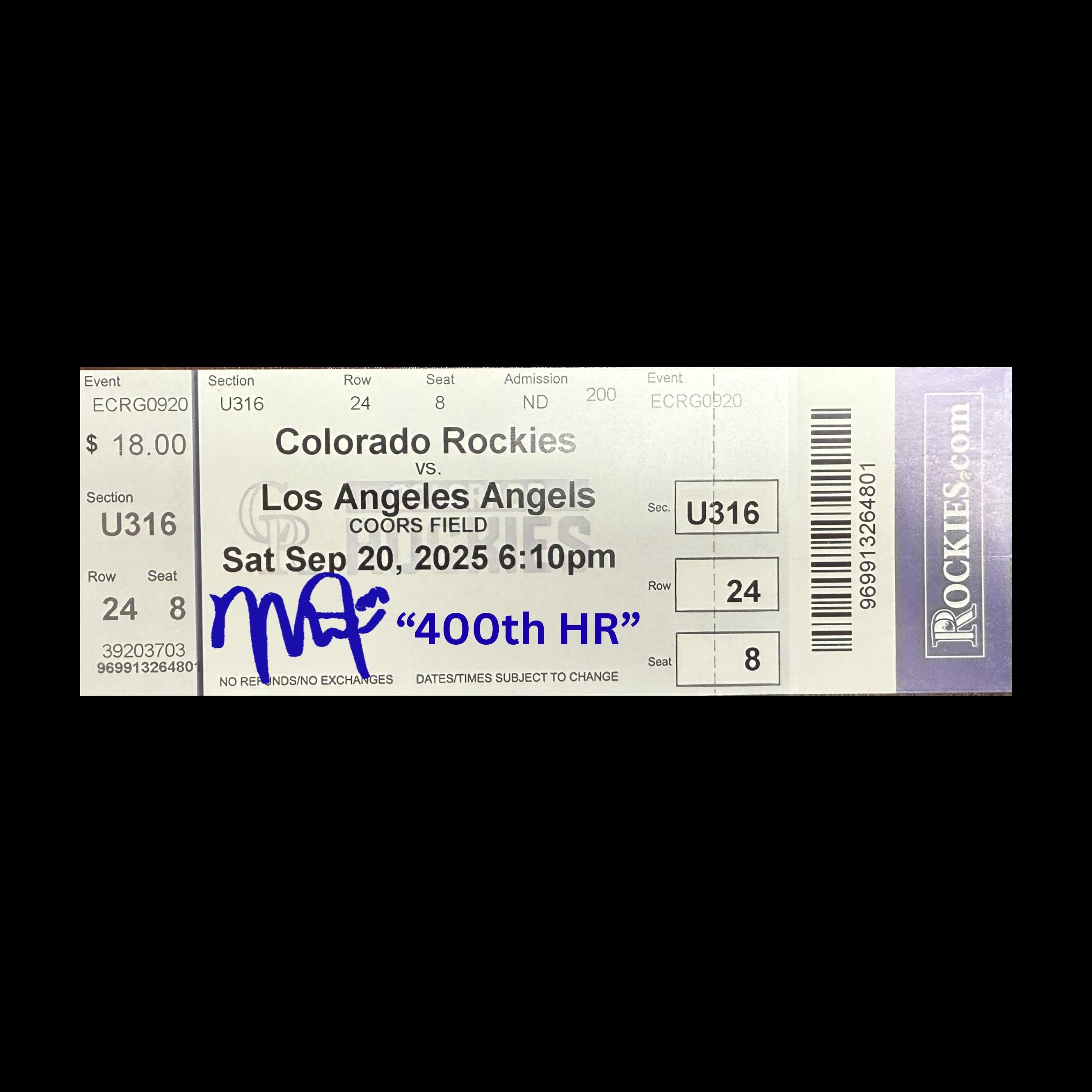 Mike Trout Autographed Colorado Rockies vs. Los Angeles Angels 10/20/2025 Ticket - (PRESALE)