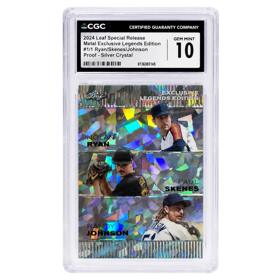 Nolan Ryan / Paul Skenes / Randy Johnson 2024 Leaf Special Release Metal Exclusive Legends Edition Proof Silver Crystal #1/1 Trading Card (CGC 10)