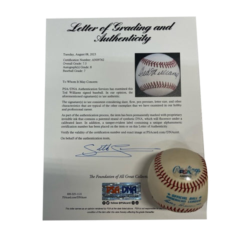 Ted Williams Autographed Baseball PSA Grade 7.5 - Player's Closet Project