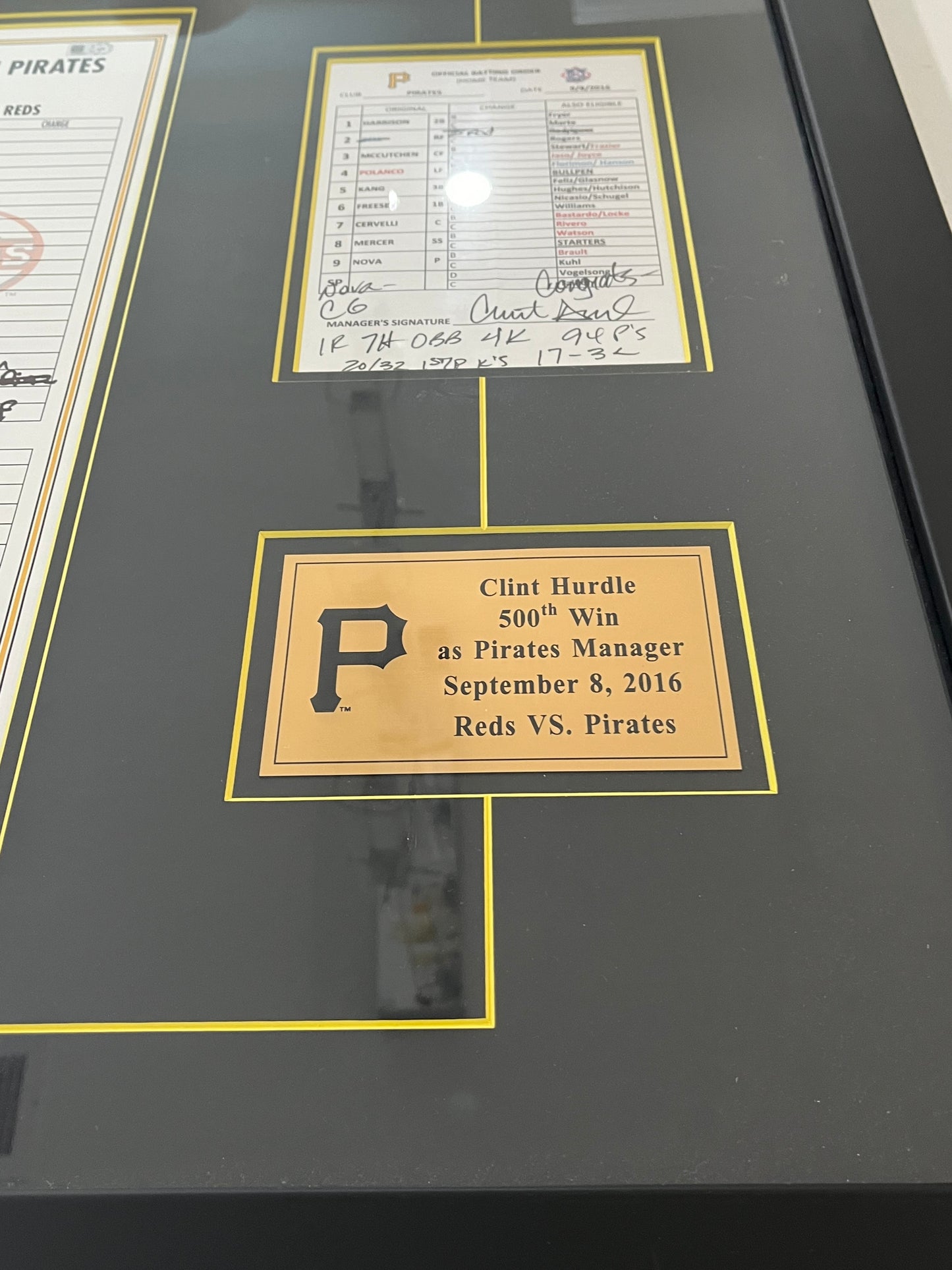 Clint Hurdle Framed Autographed 500th Victory as Pirates Manager Game Used Lineup Card - Player's Closet Project