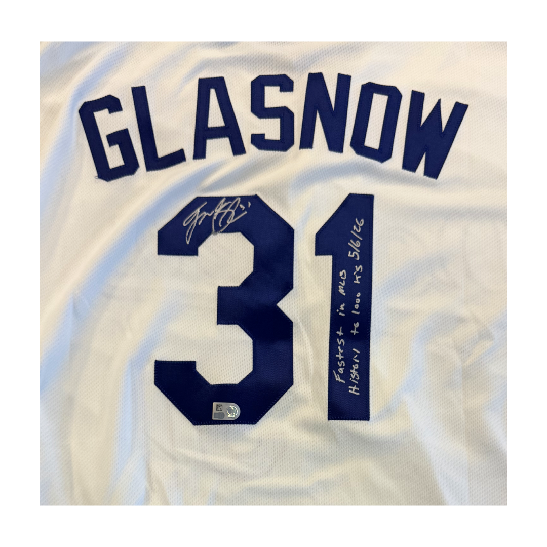 Tyler Glasnow Autographed "Fastest in MLB History to 1,000 K's 5/6/26" White Los Angeles Dodgers Authentic Jersey