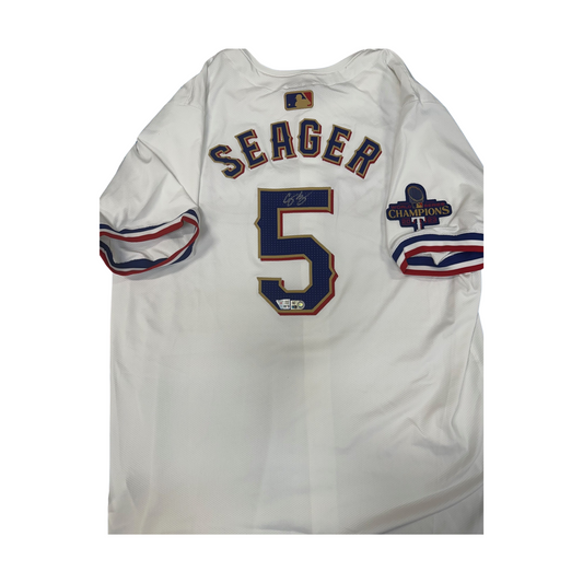 Corey Seager Autographed Rangers White & Gold Authentic WS Champions Jersey