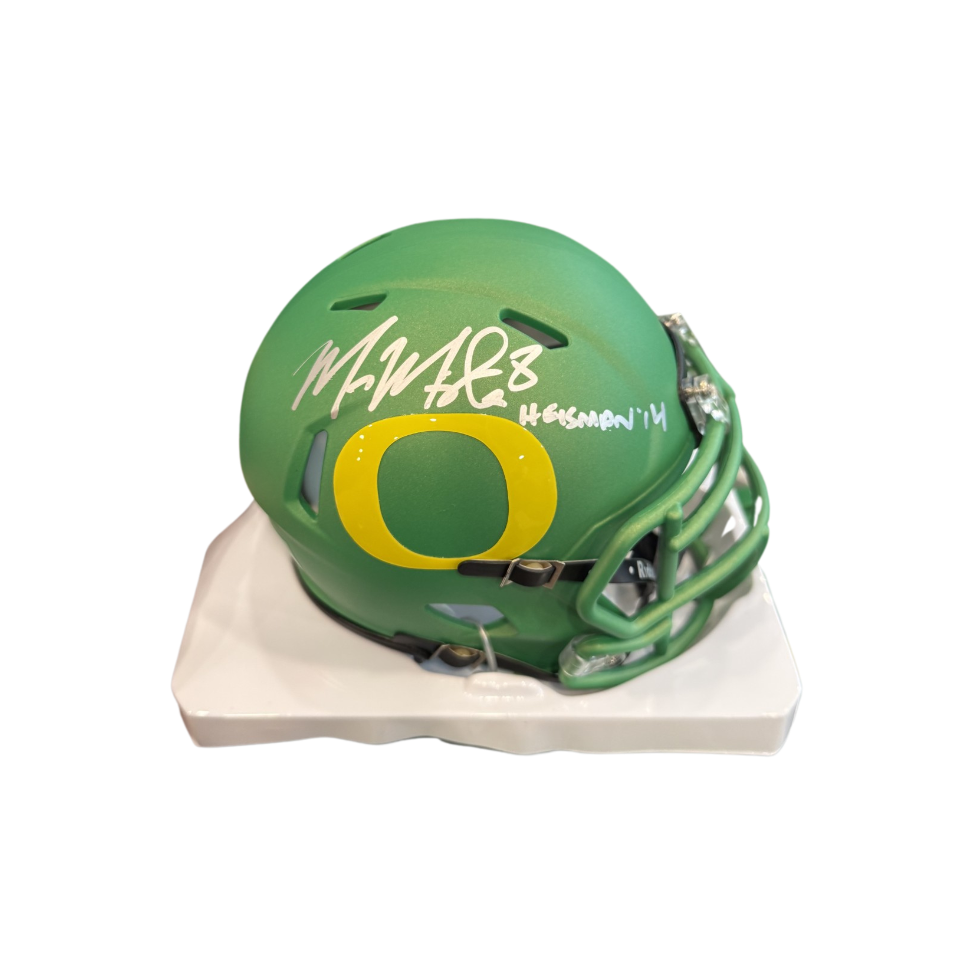 autographed football mini helmet Marcus Mariota Autographed "Heisman 14" Apple Green Oregon Mini Helmet – Legends Memorabilia Collection