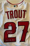 Back of White Los Angeles Angels jersey signed by Mike Trout with 2012 AL ROY inscription