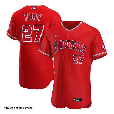 Red Los Angeles Angels Jersey signed by Mike Trout with 14, 16, 19 AL MVP inscription